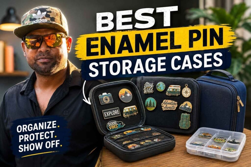 "Feature image showing an author wearing a black shirt, camouflage Adidas cap, and reflective sunglasses beside multiple enamel pin storage cases filled with colorful travel-themed enamel pins, with bold text reading 'Best Enamel Pin Storage Cases' and a modern organized display."